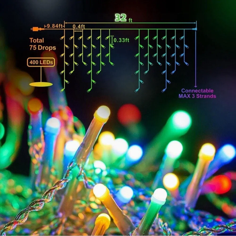 400 LED MultiColor Icicle Lights 33ft Outdoor Christmas Lights 8 Modes 75 Drops